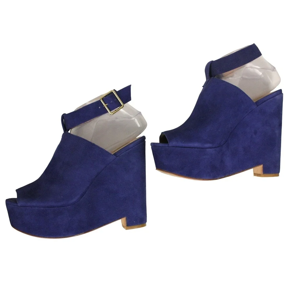 Dolce Vita Blue Suede Platform Sandals Womens Size 8‎ Chunky Heel Peep Toe